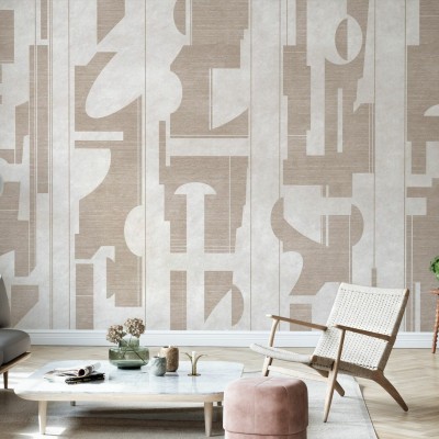 Fototapet bej cu design abstract într-un living modern