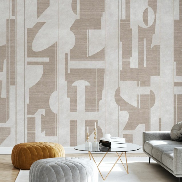 Fototapet bej cu design abstract într-un living modern