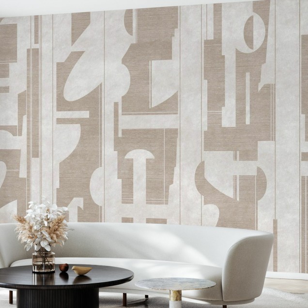 Fototapet bej cu design abstract într-un living modern