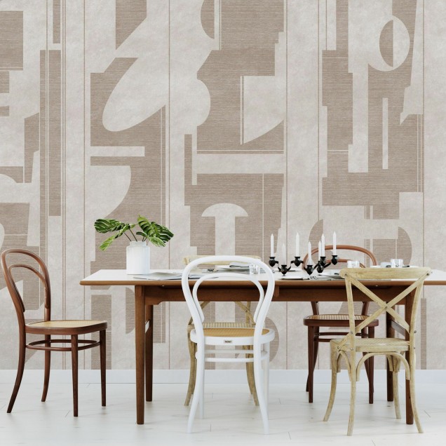 Fototapet bej cu design abstract într-un living modern