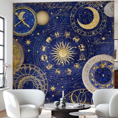 Tapet cu design astrologic, cu stele și constelații aurii pe fundal albastru