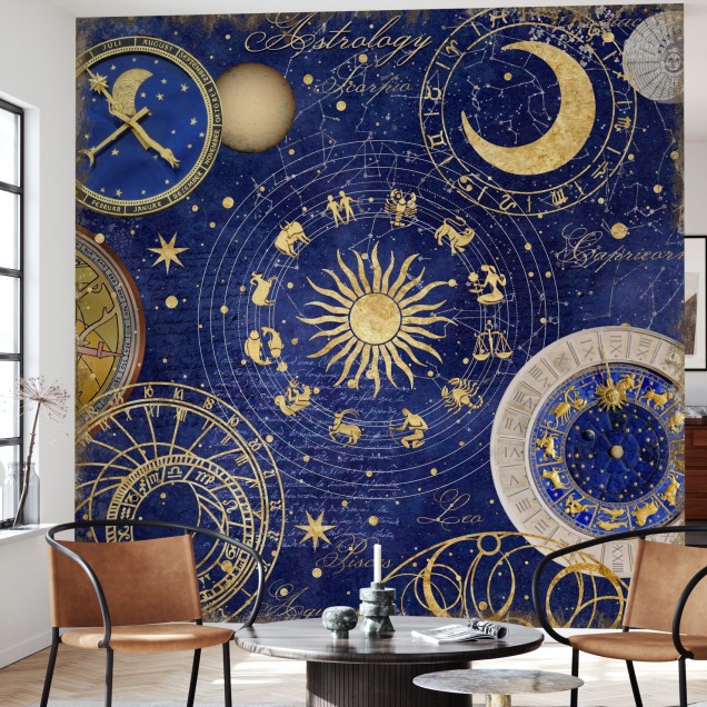 Tapet cu design astrologic, cu stele și constelații aurii pe fundal albastru