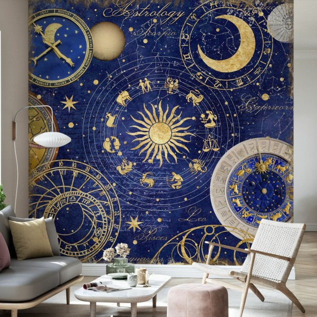 Tapet cu design astrologic, cu stele și constelații aurii pe fundal albastru