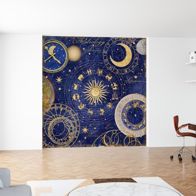 Tapet cu design astrologic, cu stele și constelații aurii pe fundal albastru