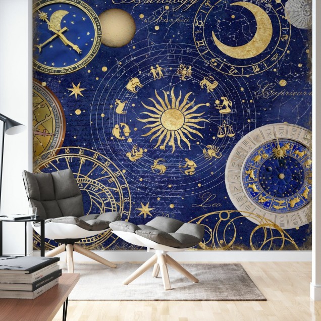 Tapet cu design astrologic, cu stele și constelații aurii pe fundal albastru