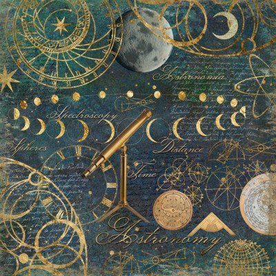 Tapet astronomic cu telescop, constelații și stele pe fundal albastru închis.