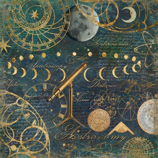 Tapet astronomic cu telescop, constelații și stele pe fundal albastru închis.
