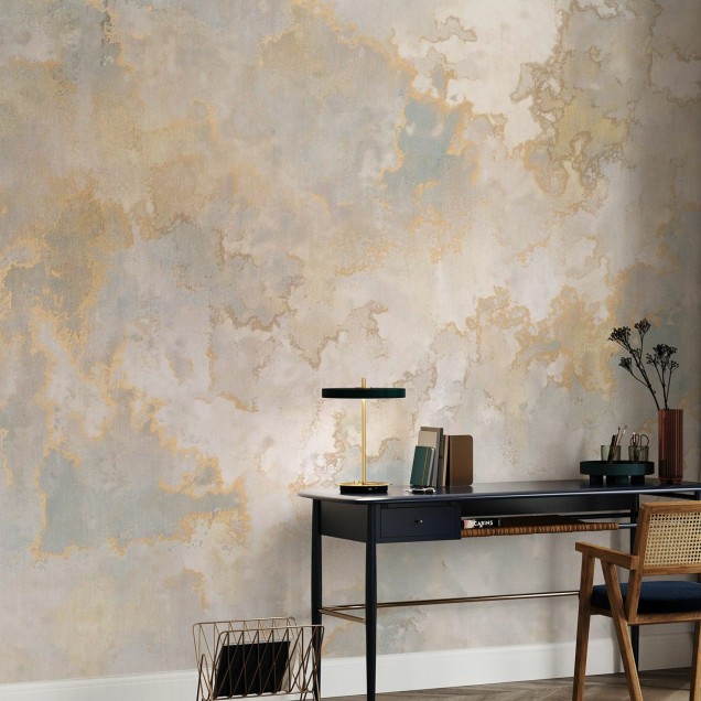 Wallpaper modern cu textură de tencuială, în nuanțe calde de nisip și aur. Sand and Gold Plaster.
