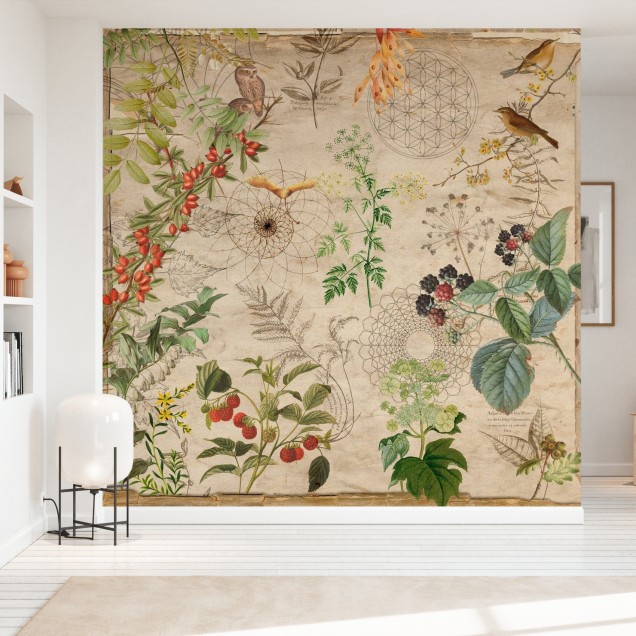 Tapet floral cu accente geometrice, ideal pentru a decora un living sau un dormitor.