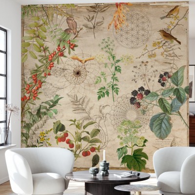 Tapet floral cu accente geometrice, ideal pentru a decora un living sau un dormitor.