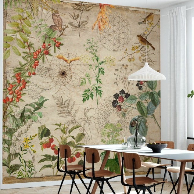 Tapet floral cu accente geometrice, ideal pentru a decora un living sau un dormitor.
