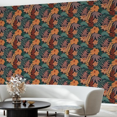 Tapet cu design floral tropical, cu frunze tropicale si flori portocalii, pe un fond albastru inchis