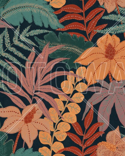 Tapet cu design floral tropical, cu frunze tropicale si flori portocalii, pe un fond albastru inchis