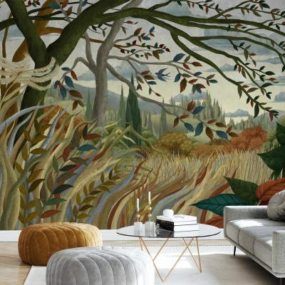 Wallpaper Autumnal Breeze cu un design artistic ce prezinta un peisaj de toamna.