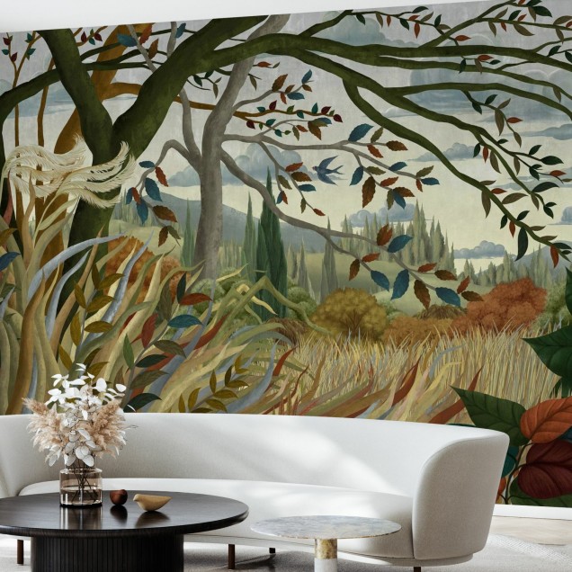 Wallpaper Autumnal Breeze cu un design artistic ce prezinta un peisaj de toamna.