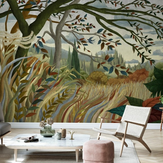 Wallpaper Autumnal Breeze cu un design artistic ce prezinta un peisaj de toamna.
