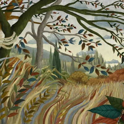 Wallpaper Autumnal Breeze cu un design artistic ce prezinta un peisaj de toamna.