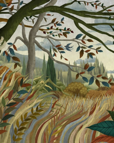 Wallpaper Autumnal Breeze cu un design artistic ce prezinta un peisaj de toamna.