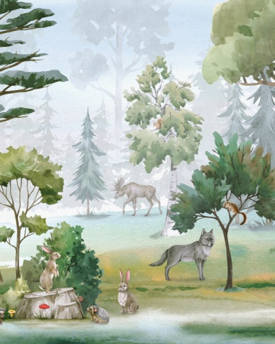 Tapet cu animale din padure, imaginea acuarela cu animalele care se joaca in padure, cu detalii fine si culori calde.