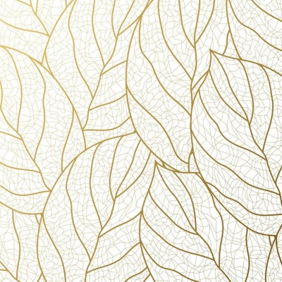 Tapet Gradient Gold Leaves cu frunze aurii pe un fundal alb, in interiorul unei camere moderne