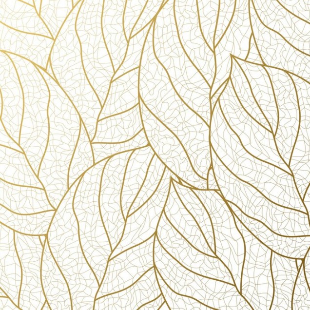 Tapet Gradient Gold Leaves cu frunze aurii pe un fundal alb, in interiorul unei camere moderne