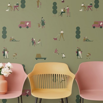 Tapet cu design minimalist, cu oameni si masini ilustrate, pe un fundal verde deschis.