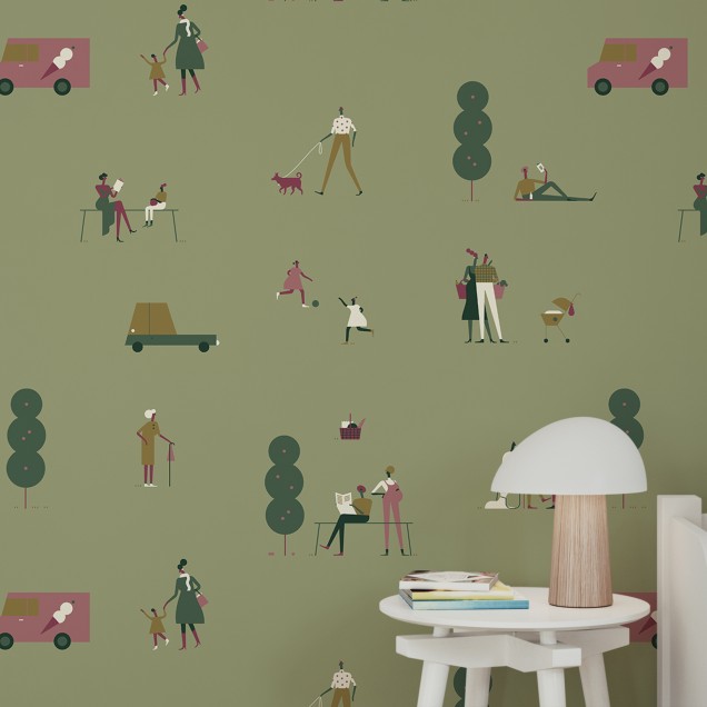 Tapet cu design minimalist, cu oameni si masini ilustrate, pe un fundal verde deschis.