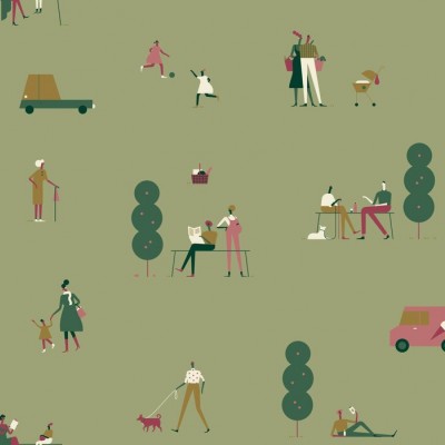 Tapet cu design minimalist, cu oameni si masini ilustrate, pe un fundal verde deschis.