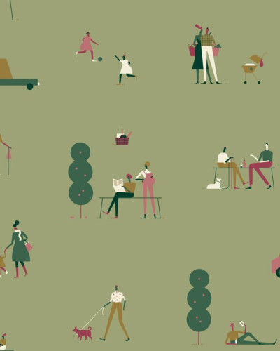 Tapet cu design minimalist, cu oameni si masini ilustrate, pe un fundal verde deschis.