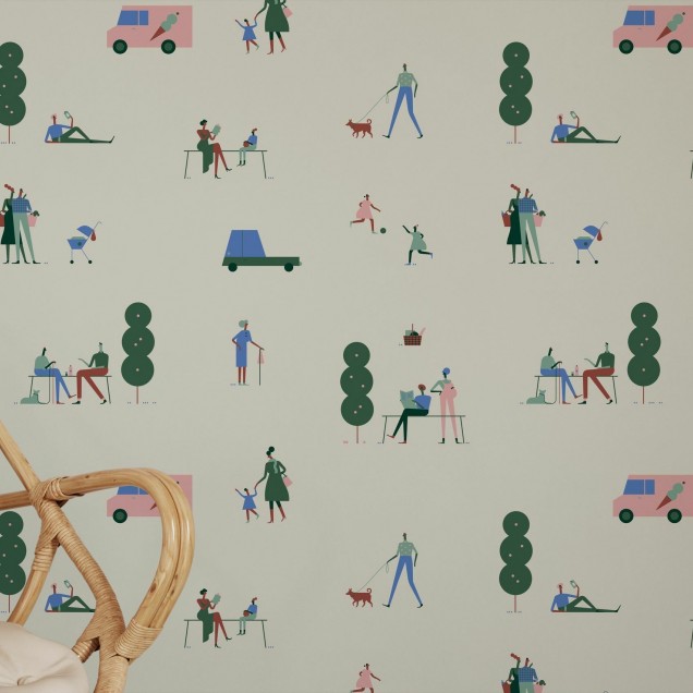 Tapet cu design urban ce ilustreaza o scena din parc, cu oameni, copaci si masini.
