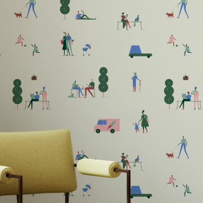 Tapet cu design urban ce ilustreaza o scena din parc, cu oameni, copaci si masini.