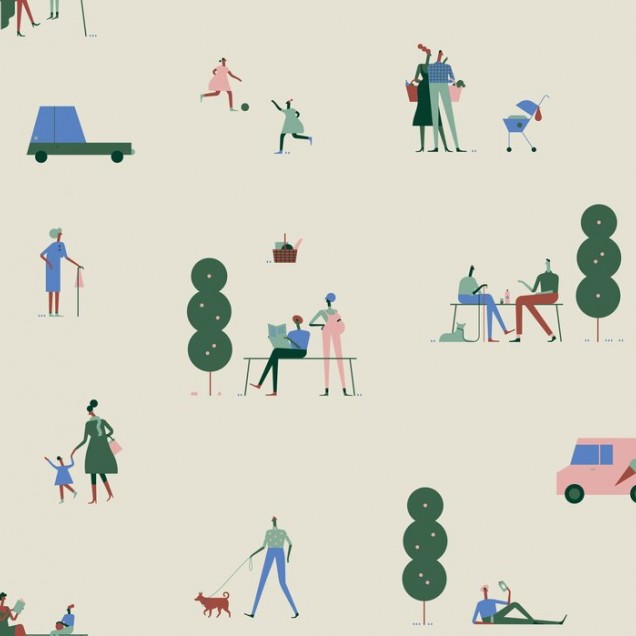 Tapet cu design urban ce ilustreaza o scena din parc, cu oameni, copaci si masini.