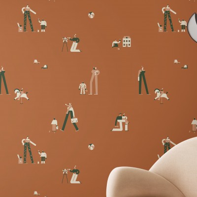 Play cu design modern, cu personaje în culori vibrante, pe un fundal portocaliu