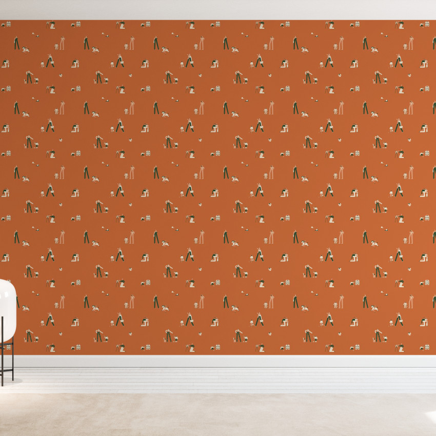 Tapet cu design modern, cu forme geometrice și personaje unice.