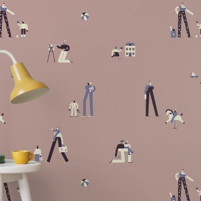 Tapet cu design modern, cu forme geometrice și personaje unice.
