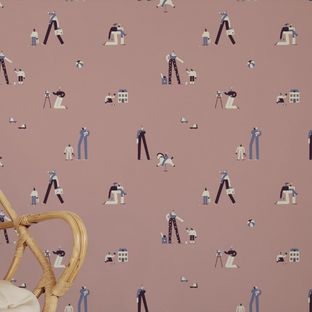 Tapet cu design modern, cu forme geometrice și personaje unice.
