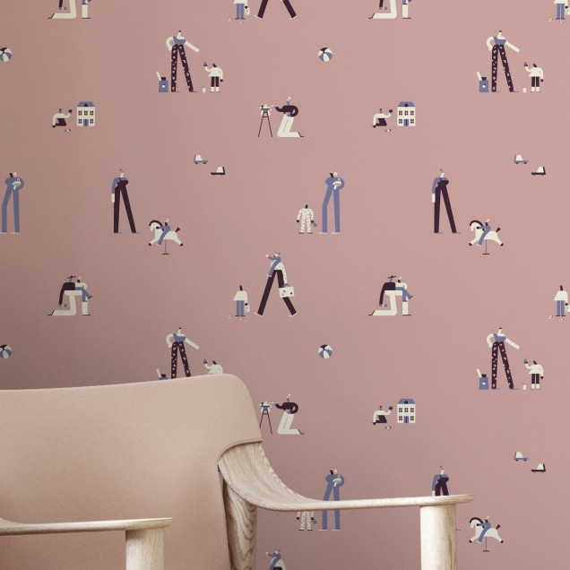 Tapet cu design modern, cu forme geometrice și personaje unice.
