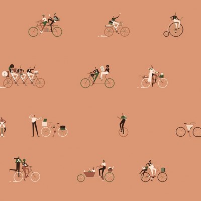 Tapet cu design modern, Ride II, cu imagine cu un grup de oameni care se bucura de o plimbare cu bicicleta pe un fundal in culori calde.