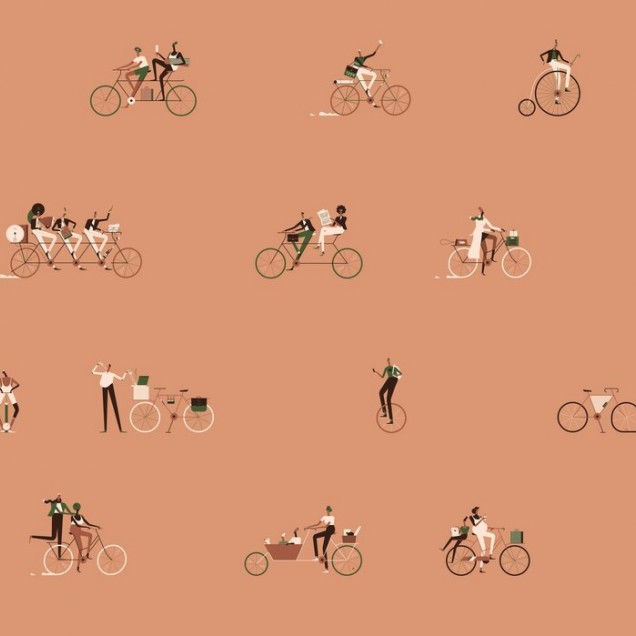 Tapet cu design modern, Ride II, cu imagine cu un grup de oameni care se bucura de o plimbare cu bicicleta pe un fundal in culori calde.