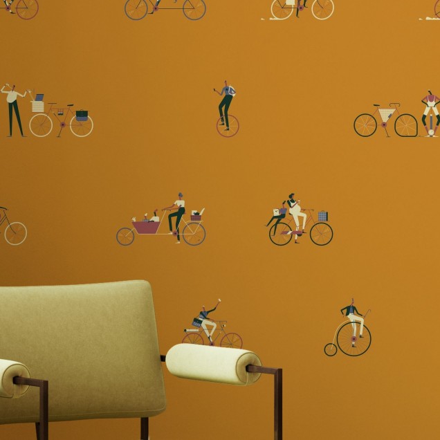 Tapet cu design grafic modern, Ride III. Imagine cu personaje pe biciclete.