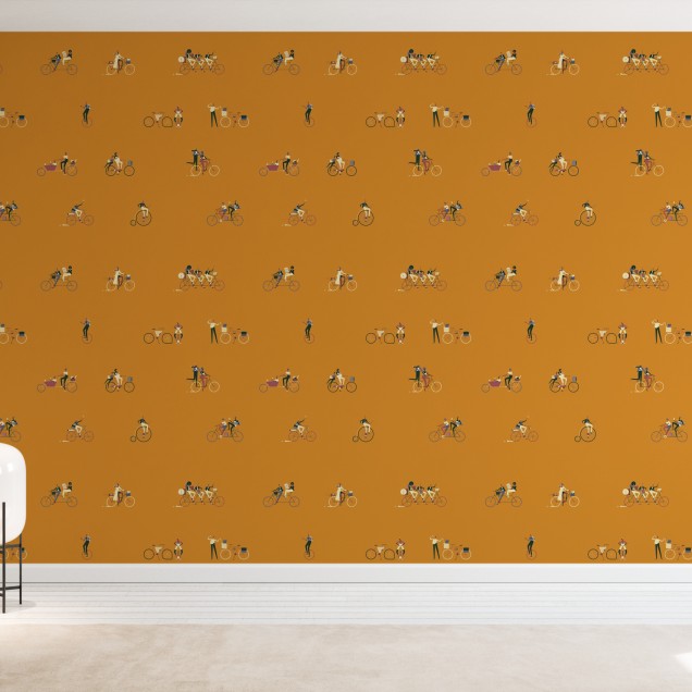 Tapet cu design grafic modern, Ride III. Imagine cu personaje pe biciclete.