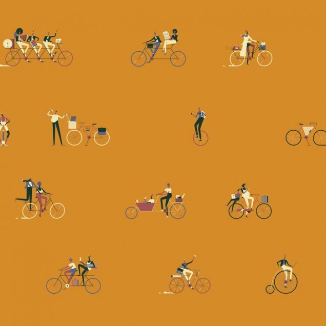 Tapet cu design grafic modern, Ride III. Imagine cu personaje pe biciclete.