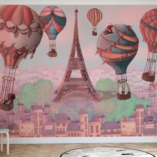 Wallpaper Bonsoir Paris cu baloane cu aer cald ce zboară deasupra Parisului.