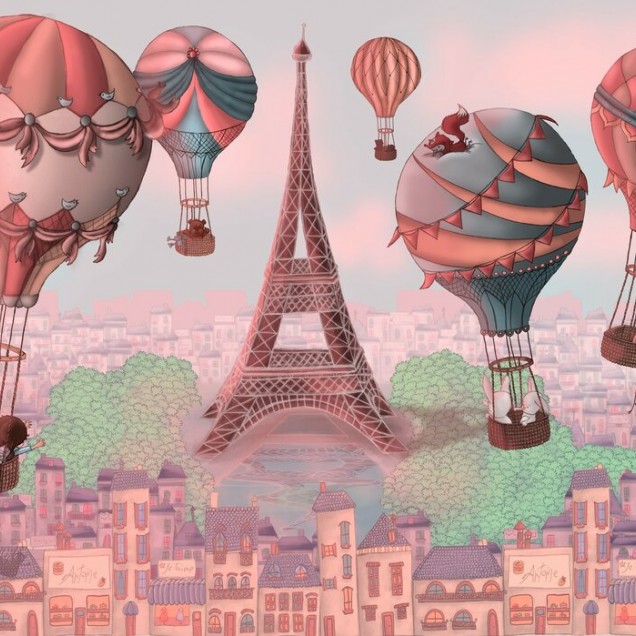 Wallpaper Bonsoir Paris cu baloane cu aer cald ce zboară deasupra Parisului.