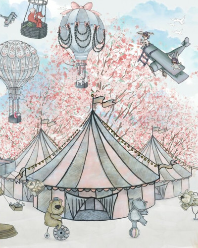 Fototapet Circus Blue, cu baloane cu aer cald, un carusel, un urs care face bicicletă și o roată panoramică