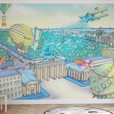 Tapet de perete cu o imagine a Berlinului văzută din aer, cu baloane cu aer cald, avioane și un zeppelin.