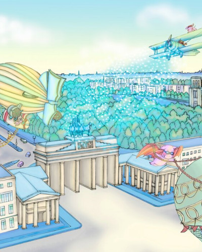 Tapet de perete cu o imagine a Berlinului văzută din aer, cu baloane cu aer cald, avioane și un zeppelin.