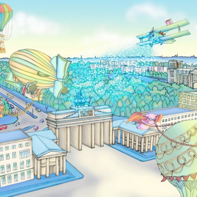 Tapet de perete cu o imagine a Berlinului văzută din aer, cu baloane cu aer cald, avioane și un zeppelin.