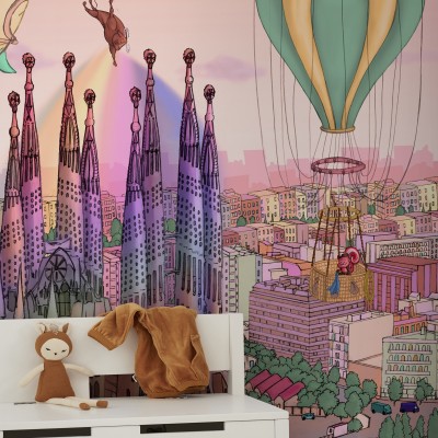 Tapet Rainbow Lights Barcelona, tapet cu baloane cu aer cald și animale adorabile, inspirat de arhitectura Barcelonei