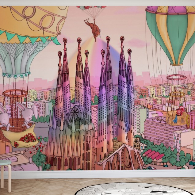 Tapet Rainbow Lights Barcelona, tapet cu baloane cu aer cald și animale adorabile, inspirat de arhitectura Barcelonei